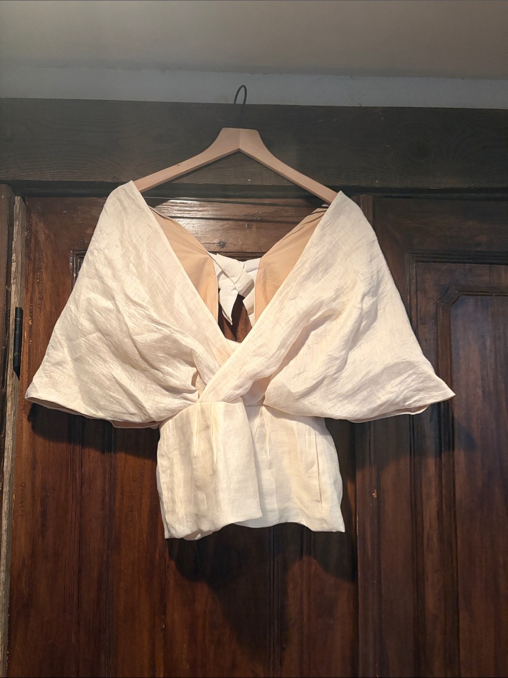 Ports 1961 Cream Wrap-Back Short Sleeve Blouse linen and silk